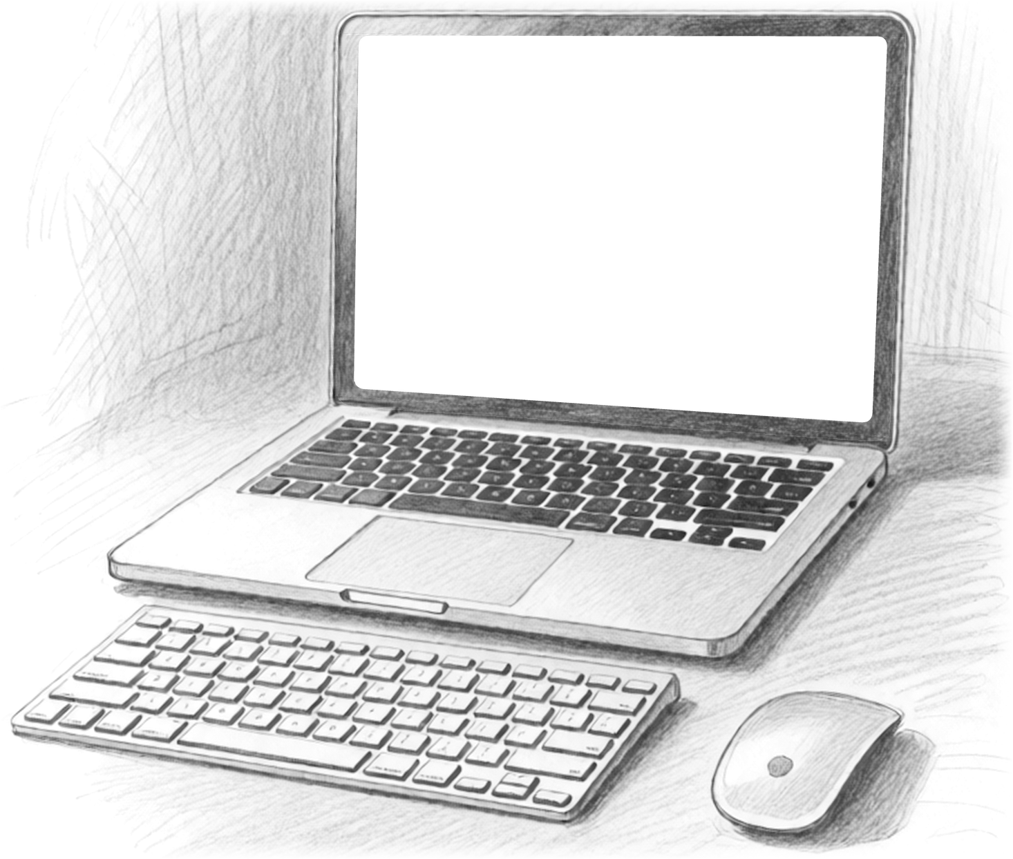 Bleistiftzeichnung: aufgeklapptes MacBook, auf dem Bildschirm omaneo.os